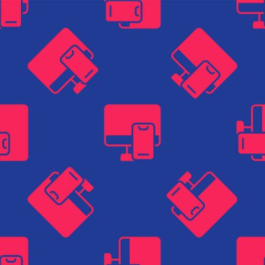 Kırmızı Çevrimiçi sipariş ve fast food dağıtım ikonu mavi arka planda izole edilmiş kusursuz desen. Vektör