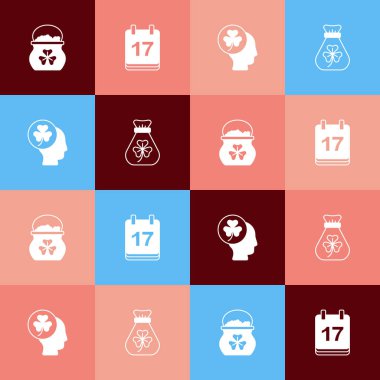 Pop sanat eserleri altın sikkeler, Aziz Patrick günü takvim, yonca yaprağı ve para çantası ikonu koyun. Vektör