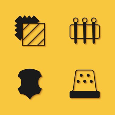 Tabaka tekstil, dikiş için yüksük, uzun gölgeli deri ve iğne ikonu. Vektör