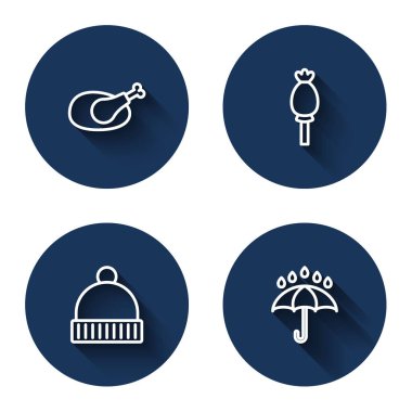 Kızarmış hindi veya tavuk, afyon haşhaşı, kış şapkası ve şemsiye ve yağmur damlaları. Mavi daire düğmesi. Vektör