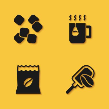 Şeker küpleri, kahve taneli Spatula, poşet fasulye ve uzun gölgeli fincan çay poşeti ikonu. Vektör