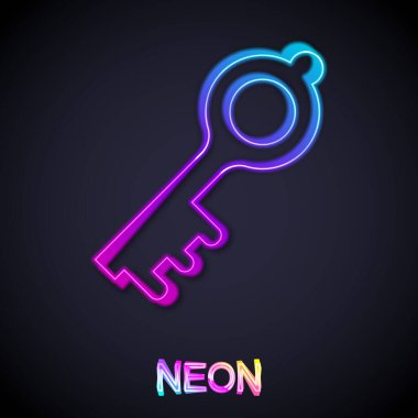 Parlayan neon hattı Eski sihirli anahtar simgesi siyah arkaplanda izole edildi. Vektör