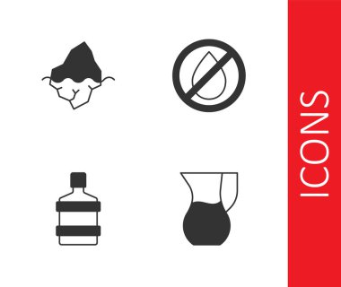 Jug bardağını suyla, Iceberg 'le, büyük şişe temiz ve su damlası yasak ikonuyla hazırla. Vektör