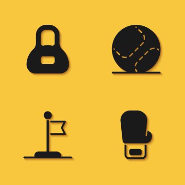 Ağırlık, boks eldiveni, bayrak ve uzun gölgeli beyzbol topu ikonu. Vektör