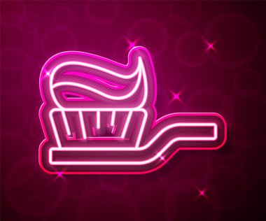 Kırmızı arkaplanda izole edilmiş diş macunu simgesiyle parlayan neon hat diş fırçası. Vektör