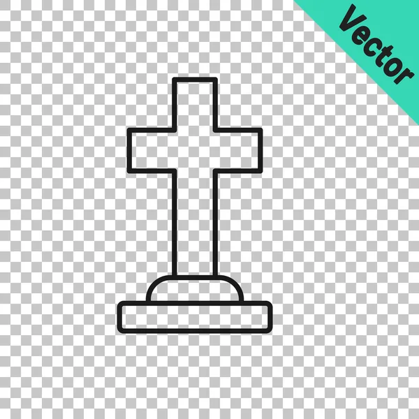 Tombstone linea nera con icona a croce isolata su sfondo trasparente. Icona della tomba. Buona festa di Halloween. Vettore — Vettoriale Stock