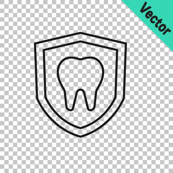 Schwarze Linie Zahnschutzsymbol isoliert auf transparentem Hintergrund. Zahn auf Schild-Logo. Vektor — Stockvektor