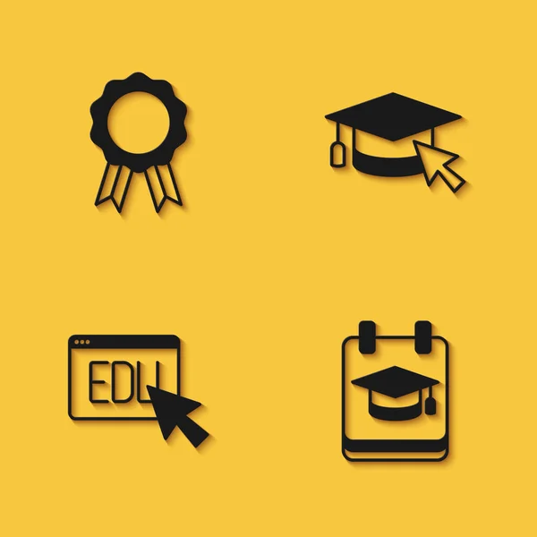 Set Online education with diploma, and Graduation cap cursor icon with long shadow. Vector — Stock Vector