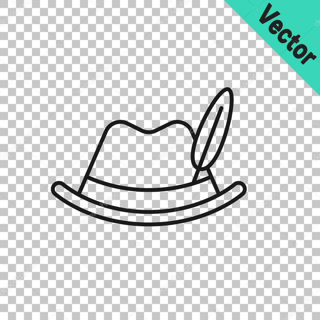 Black line Oktoberfest hat icon isolated on transparent background. Hunter hat with feather. German hat. Vector