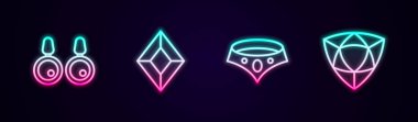 Sıralı küpeler, Mücevher Taşı, Kolye ve Elmas. Parlayan neon ikonu. Vektör