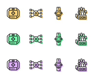 Bilek saatini, ilk yardım çantasını, sinirsel ağı ve mekanik robot el simgesini ayarla. Vektör