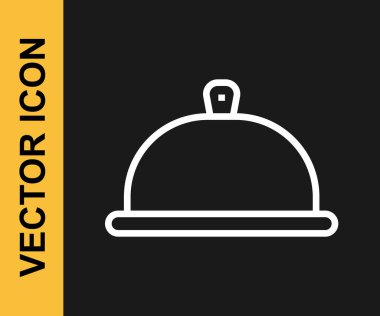 Siyah arka planda izole edilmiş bir tepsi yiyecek ikonu ile kaplanmış beyaz çizgi. Tepsi ve kapak işareti. Kapaklı bir restoran saati. Vektör