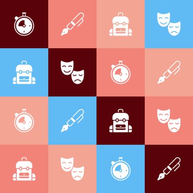 Pop sanat Stopwatch, dolmakalem ucu, okul çantası, komedi ve trajedi maskesi ikonu. Vektör