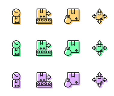 Karton karton kutu, saatli mukavva, taşıma bandı ve simgeyi ayarla. Vektör