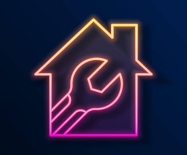 Siyah arkaplanda İngiliz anahtarı simgesi olan parlak neon çizgili ev ya da ev. Ayarlama, servis, ayar, bakım, onarım, onarım. Vektör