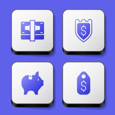 Stacks kağıt para, Shield dolar, Piggy Bank ve Price etiket ikonu. Beyaz kare düğme. Vektör