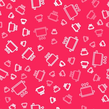 Beyaz çizgi ateş ikonunda pişirme kabı kırmızı arka planda izole edilmiş pürüzsüz desen. Haşlama ya da güveç besin sembolü. Vektör