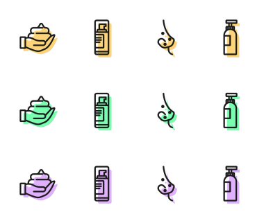 Sivilce, tıraş köpüğü, jöle ve bir şişe şampuan ikonu. Vektör