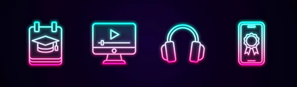 Set line Online education, play video, Headphones and with diploma. Glowing neon icon. Vector — Stock Vector