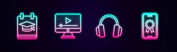 Set line Online onderwijs, video afspelen, koptelefoon en met diploma. Een gloeiend neon icoon. Vector — Stockvector