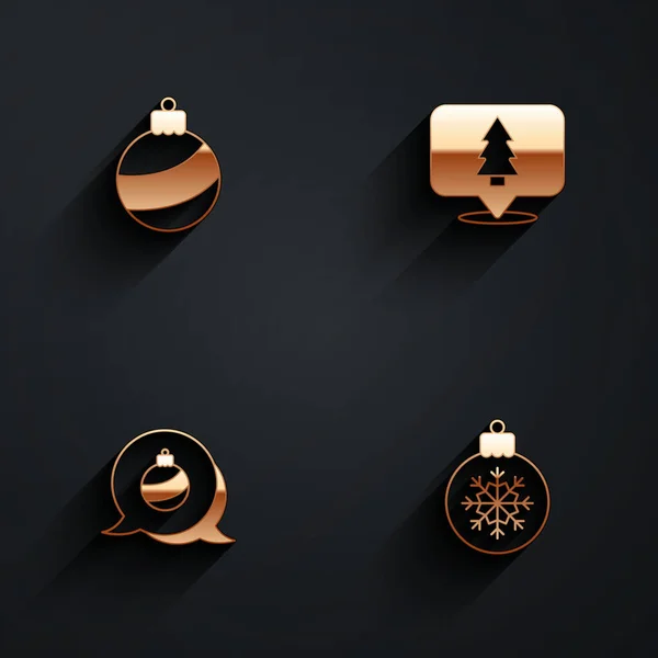 Imposta la palla di Natale, l'albero e l'icona con una lunga ombra. Vettore — Vettoriale Stock
