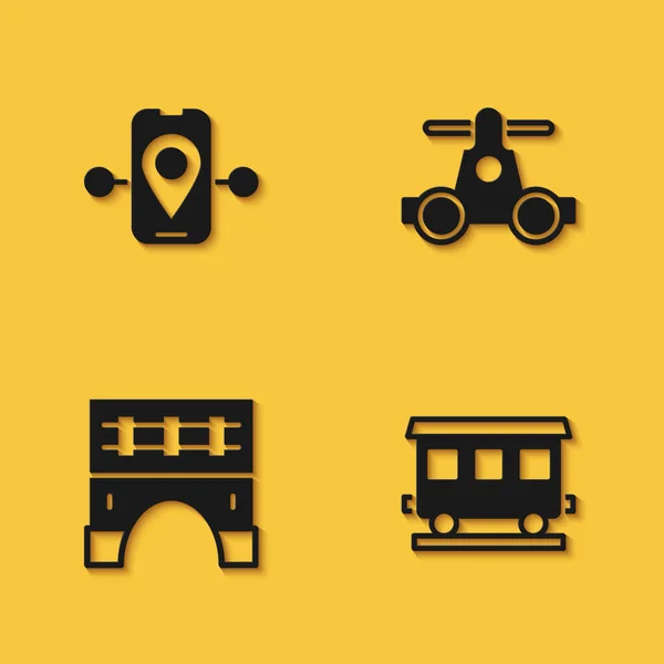 Set Route location, Passenger train cars, Bridge for and Handcar transportation icon with long shadow. Vector — Stock Vector