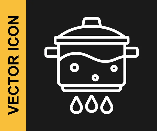 Weiße Linie Kochtopf in Flammen Symbol isoliert auf schwarzem Hintergrund. Kochen oder schmoren Lebensmittel Symbol. Vektor — Stockvektor