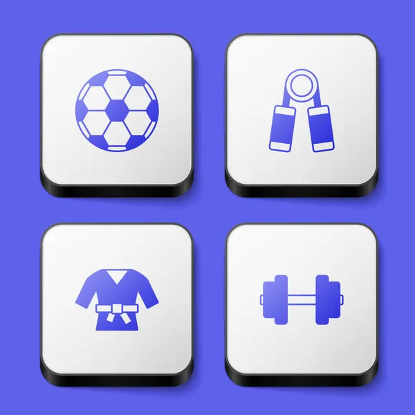 Set Fußball-Ball, Sport-Expander, Kimono und Hantel-Symbol. Weiße quadratische Taste. Vektor — Stockvektor