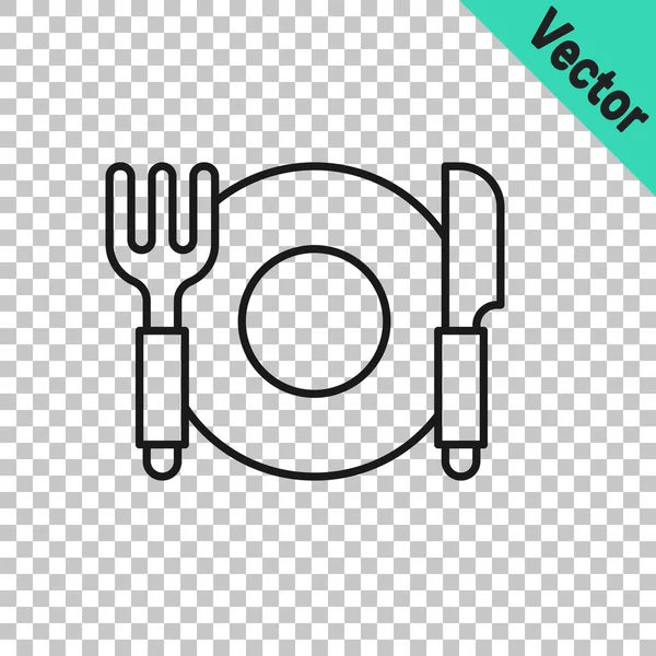 Black line Plate, fork and knife icon isolated on transparent background. Cutlery symbol. Restaurant sign. Vector — Stock Vector