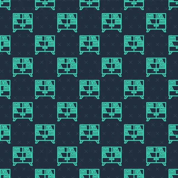 Ligne verte Bibliothèque icône étagère isolé motif sans couture sur fond bleu. Vecteur — Image vectorielle