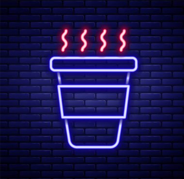Parlayan neon hatlı kahve fincanı tuğla duvar arkasında izole edilmiş bir ikon haline gelecek. Renkli taslak konsepti. Vektör