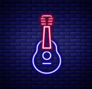 Parlayan neon hattı Gitar simgesi tuğla duvar arkasında izole edildi. Akustik gitar. Telli müzik aleti. Renkli taslak konsepti. Vektör