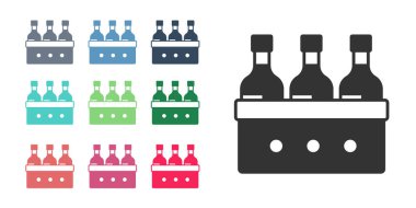 Beyaz arka planda izole edilmiş ahşap bir kutuda siyah şarap şişeleri. Tahta bir sandıkta şarap şişeleri. Simgeleri renklendirin. Vektör