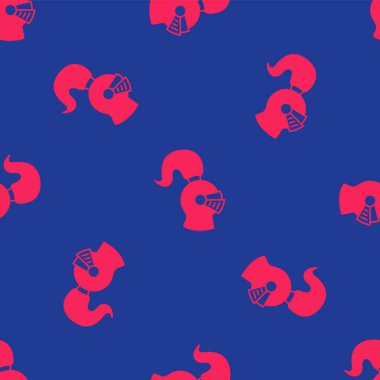 Kırmızı Ortaçağ demir miğferi, kafa koruma ikonu mavi arka planda izole edilmiş pürüzsüz desen. Şövalye miğferi Vektör