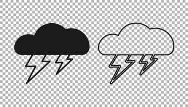 Şeffaf arkaplanda Kara Fırtına simgesi izole edildi. Bulut ve şimşek işareti. Fırtınanın hava durumu ikonu. Vektör