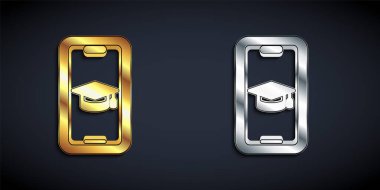 Ekrandaki akıllı telefon simgesinde altın ve gümüş mezuniyet şapkası siyah arkaplanda izole edilmiş. Çevrimiçi öğrenme ya da e-öğrenme kavramı. Uzun gölge tarzı. Vektör