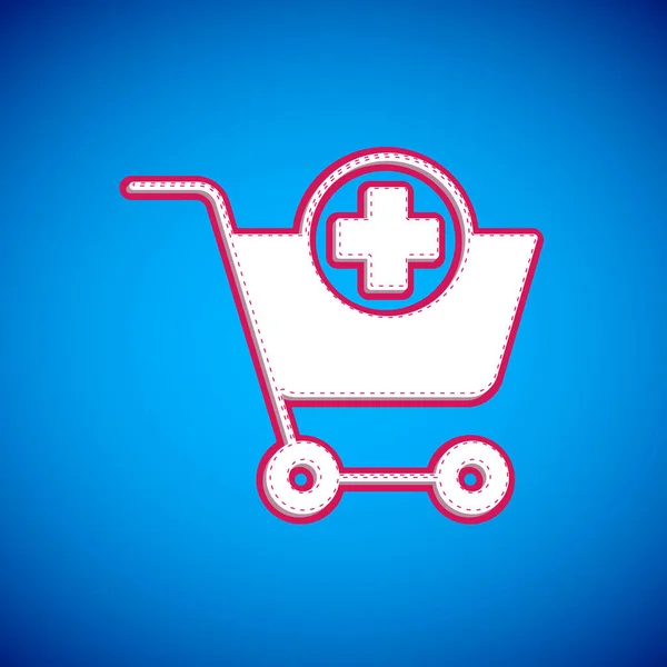 白色添加到购物车图标孤立的蓝色背景 网上购物的概念 送货服务标志 超级市场篮子的象征 — 图库矢量图片