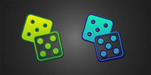 绿色和蓝色游戏骰子图标孤立在黑色背景 赌场赌博 — 图库矢量图片