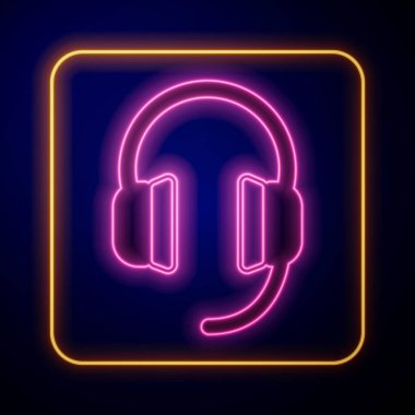 Parlayan neon kulaklık simgesi siyah arkaplanda izole edildi. Kulaklıklar. Müzik, hizmet, iletişim ve operatör konsepti. Vektör