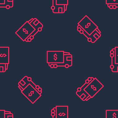 Kırmızı çizgi zırhlı kamyon ikonu siyah arkaplandaki kusursuz deseni izole etti. Vektör