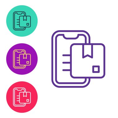 Beyaz arkaplan üzerinde izole edilmiş çizgi Doküman takip sistemi simgesi simgesini ayarla. Paket takibi. Simgeleri renklendirin. Vektör