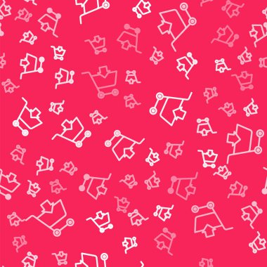 Beyaz çizgi Alışveriş Arabası simgesine ekle Kırmızı arka planda izole edilmiş kusursuz desen. İnternetten satın alma konsepti. Servis tabelası. Süpermarket sepeti sembolü. Vektör