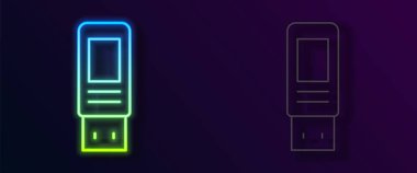 Parlayan neon hattı USB flash disk simgesi siyah arkaplanda izole edildi. Vektör