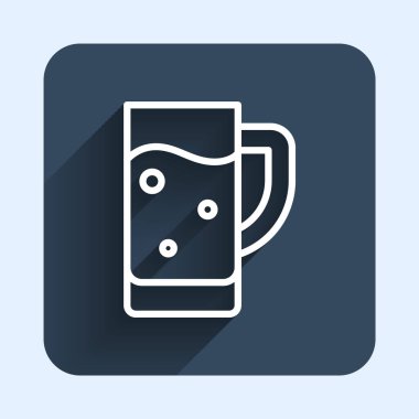 Beyaz çizgi, uzun gölge arkaplan izole bira ikonu. Mavi kare düğme. Vektör