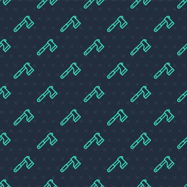 Yeşil çizgi tahta balta ikonu mavi arka planda izole edilmiş pürüzsüz desen. Oduncu baltası. Vektör