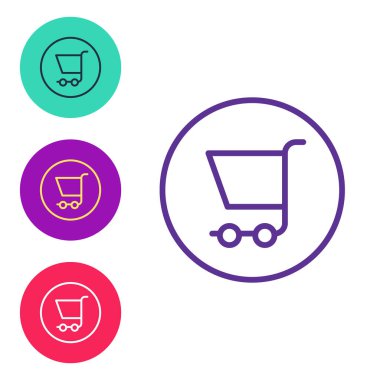 Alış veriş arabası simgesi beyaz arkaplanda izole edildi. İnternetten satın alma konsepti. Servis tabelası. Süpermarket sepeti sembolü. Simgeleri renklendirin. Vektör