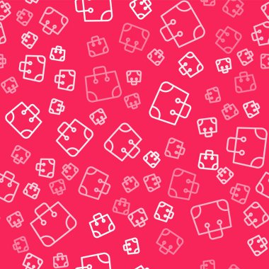 Beyaz çizgi kağıt poşet ikonu kırmızı arka planda izole edilmiş pürüzsüz desen. Paket işareti. Vektör