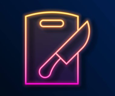 Parlayan neon hattı kesme tahtası ve bıçak ikonu siyah arka planda izole edildi. Kesme tahtası sembolü. Çatal bıçak sembolü. Vektör