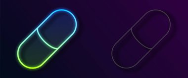 Parlayan neon hattı siyah arka planda izole edilmiş uyku hapı ikonu. Vektör