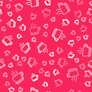 Beyaz çizgi kahve bardağı ikonu kırmızı arka planda pürüzsüz desen izole etti. Çay fincanı. Sıcak içecek kahvesi. Vektör